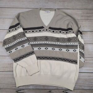 VTG Gabicci Mens V‎ Neck Wool blend Sweater Taupe Geometric Made in Italy Size L
